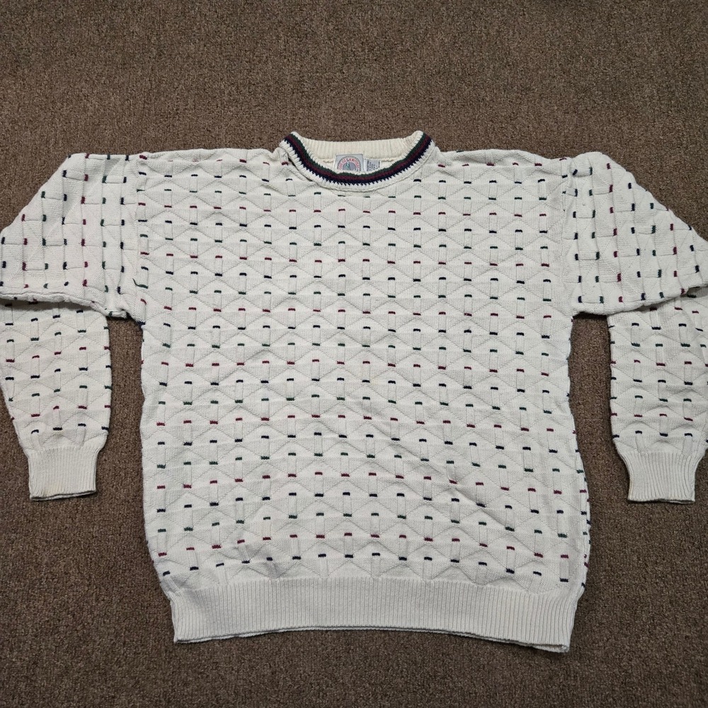 Cape Isle Knitters‎ Mens Large Vintage Cotton Birdseye Knit Sweater Cream USA